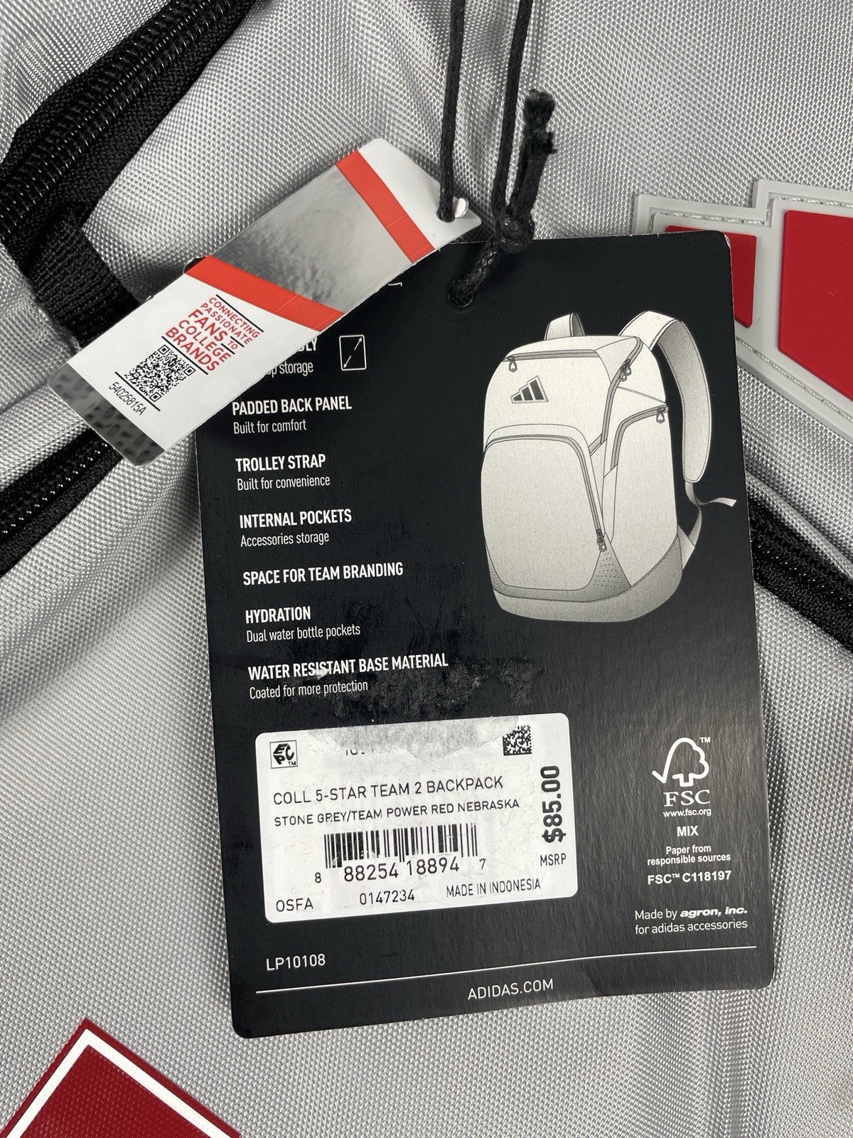 New Adidas 5-Star Team 2 Backpack Gray/Red Nebraska Huskers