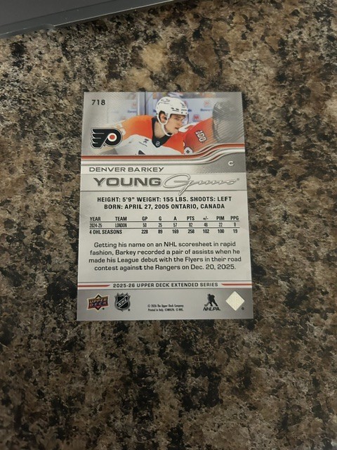 2025-26 Upper Deck Extended Series Young Guns Denver Barkey #718 RC