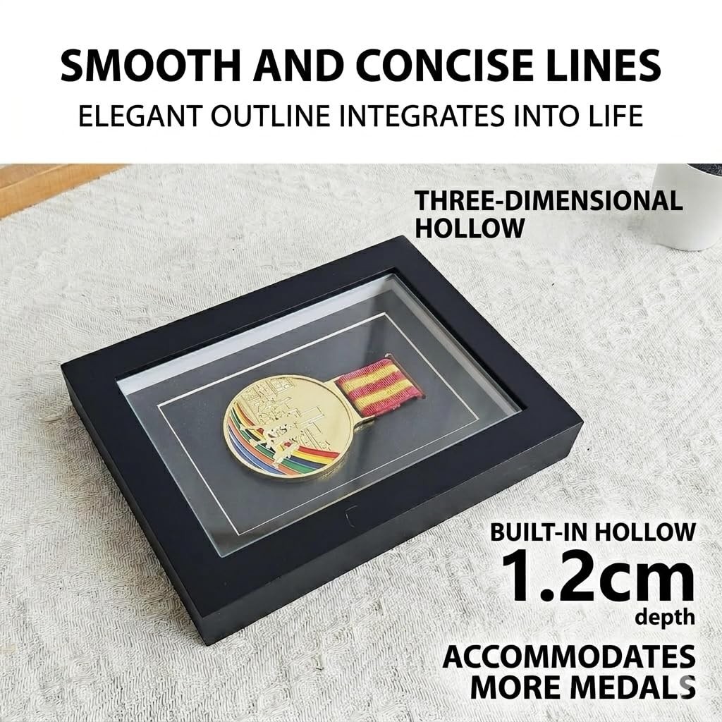 Medal Display Case Shadow Box 6×8 – Black Solid Wood Medal Frame with Real Gl…
