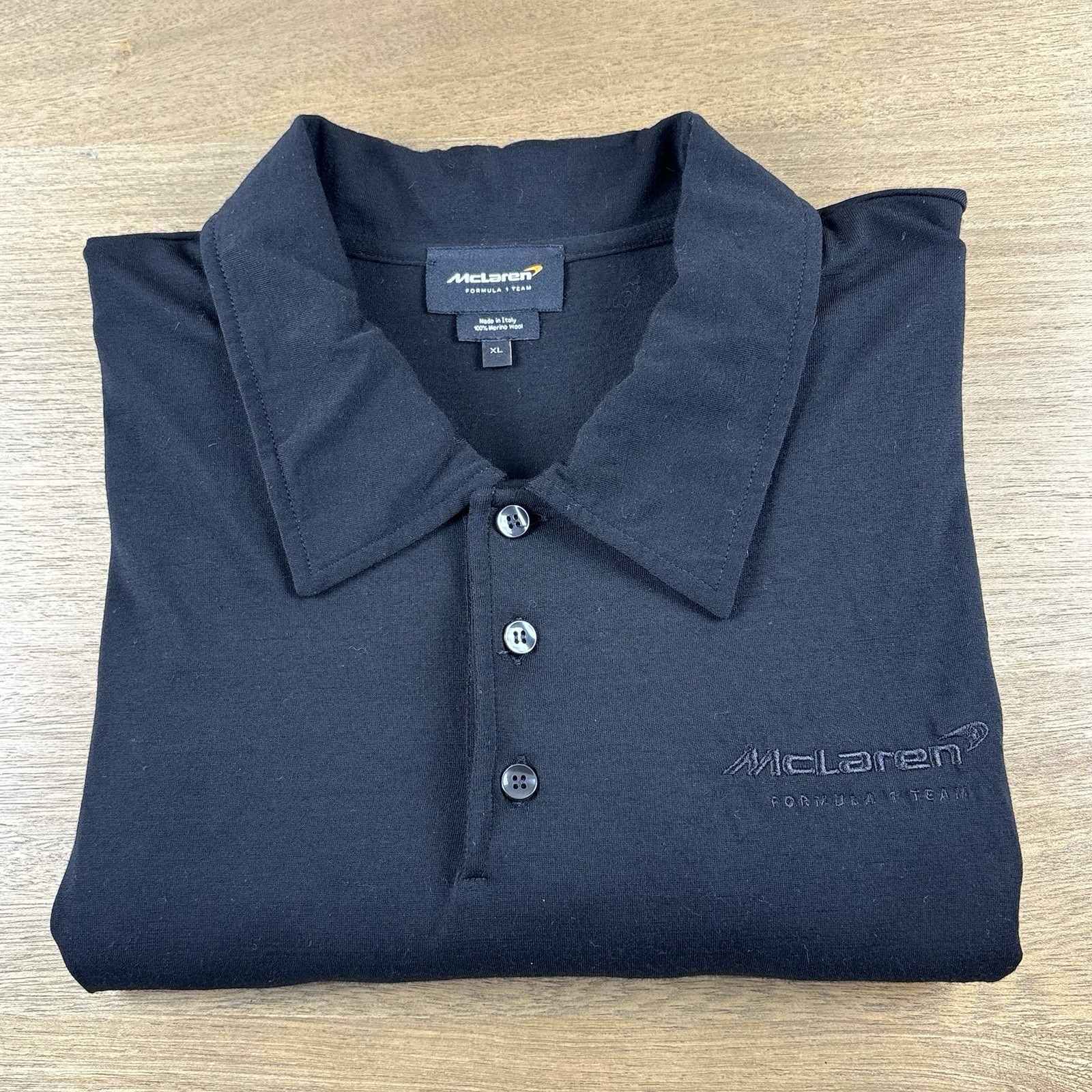 McLaren Formula 1 Team Polo Shirt Mens XL Black Short Sleeve Wool Made In Italy