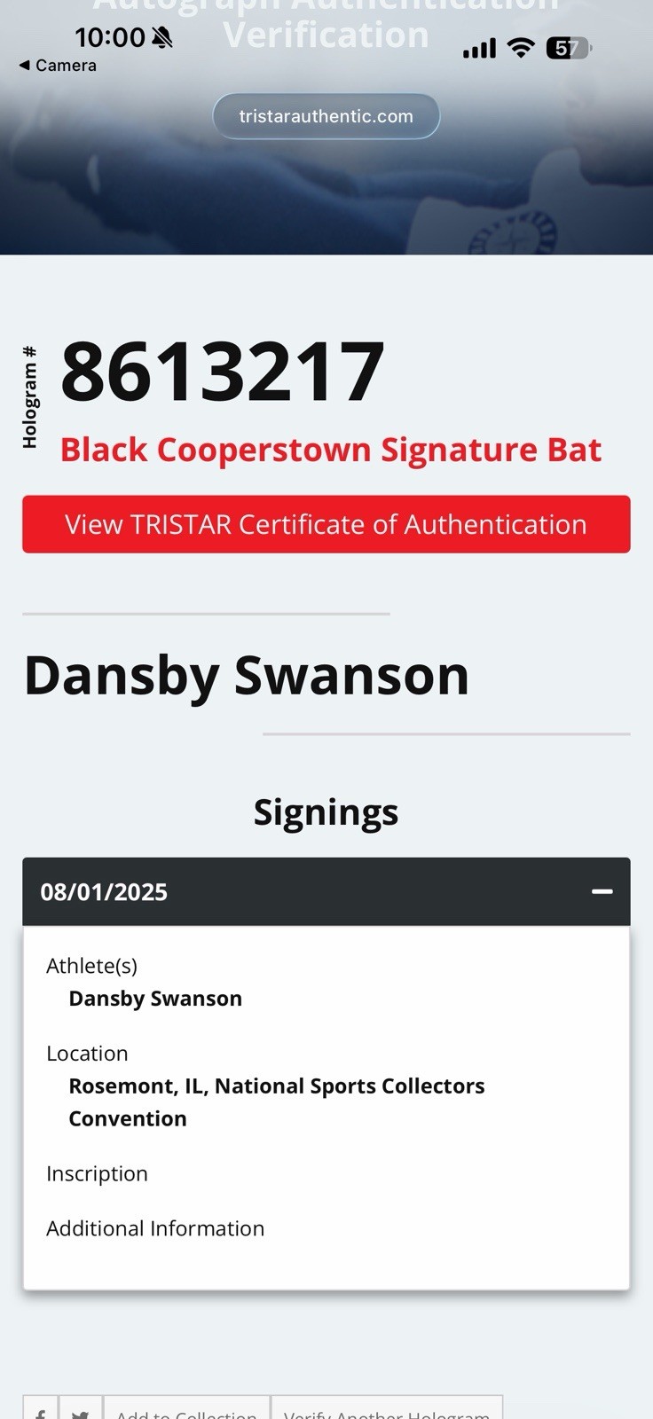 Dansby Swanson Autographed Black Cooperstown Signature Series Bat TRISTAR