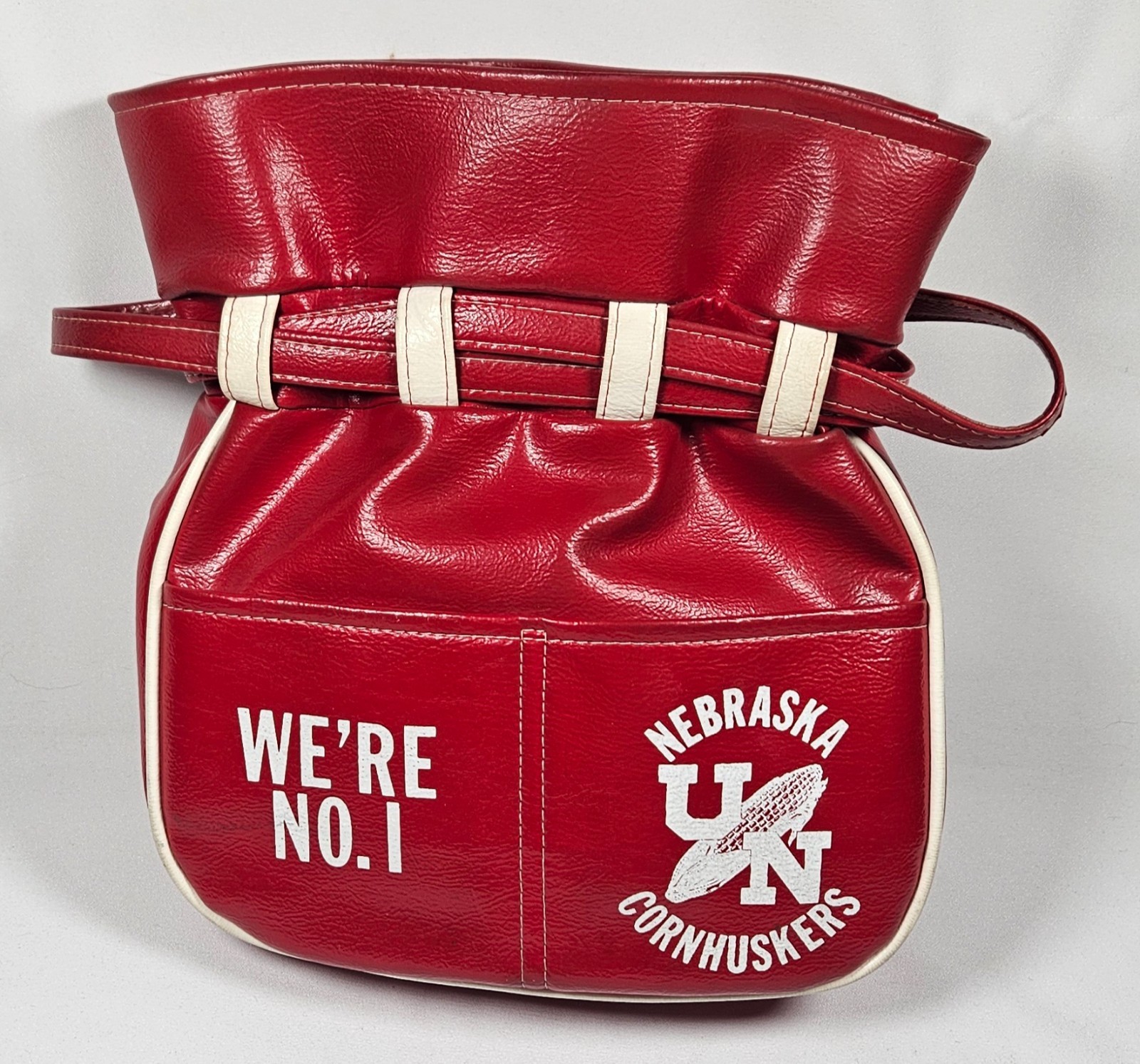 Vintage Nebraska Cornhuskers Huskers Red Leather Purse Sinch Bag 10”x11”