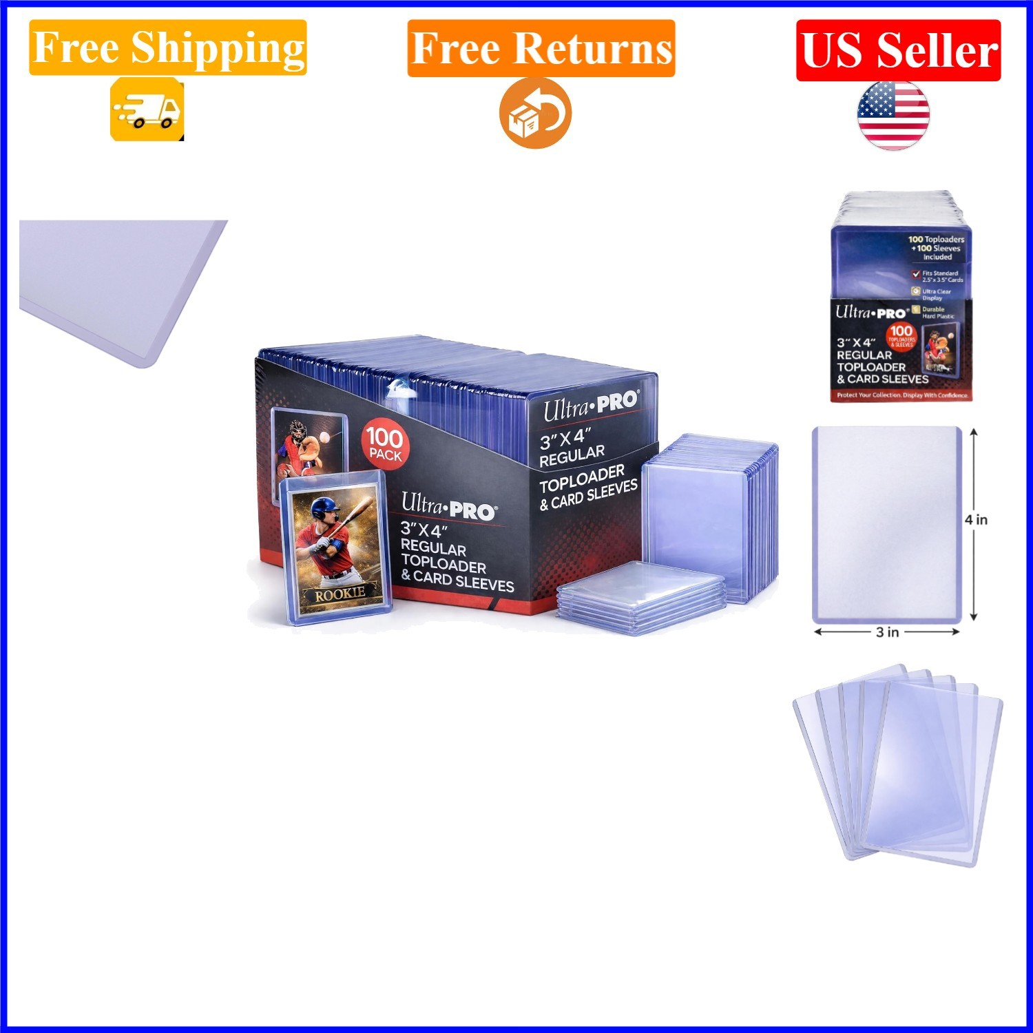 3×4 Inch Clear Card Toploaders & Sleeves Bundle for Standard Size Trading Cards