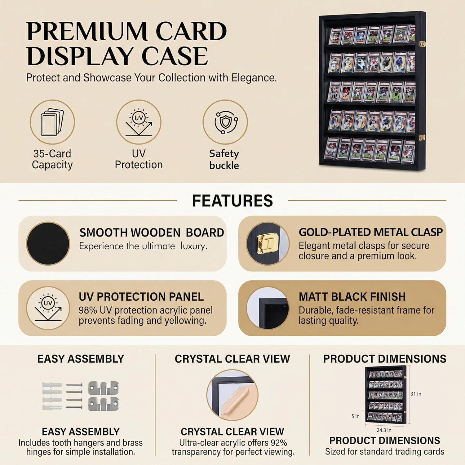 35 Baseball Card Display Case – Graded Sports Card Frame with 98% UV Protection,