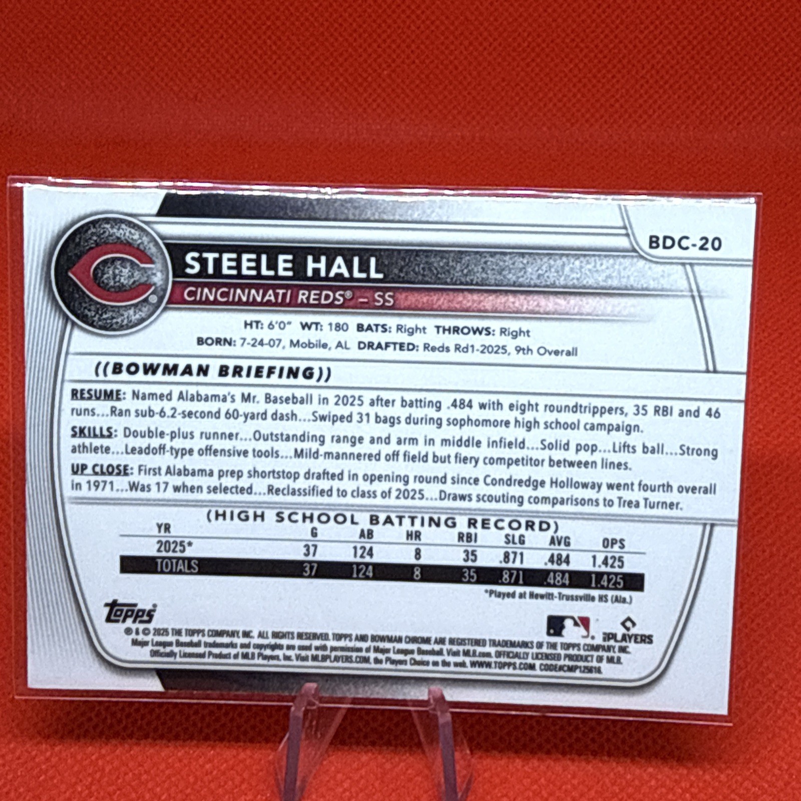 2025 Bowman Draft-#BDC-20 Steele Hall 1st Chrome Mojo Refractor Cincinnati Reds