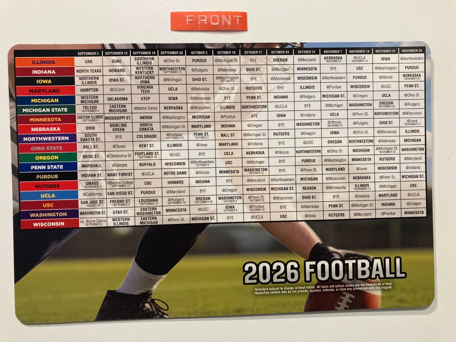 2026 BIG 10 COLLEGE FOOTBALL SCHEDULE ALL 18 TEAMS, DATES & TEAMS PLAYED 8″ X 5″