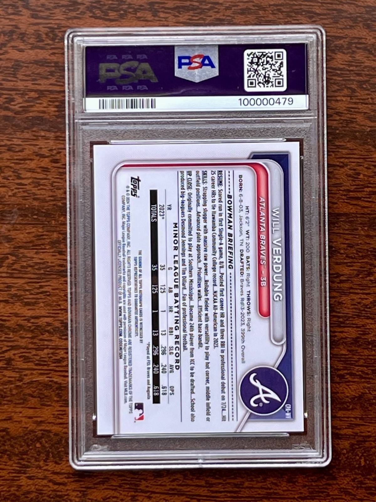 2024 Bowman Chrome Will Verdung 1st Auto Yellow Refractor /75 PSA 10 GEM MINT