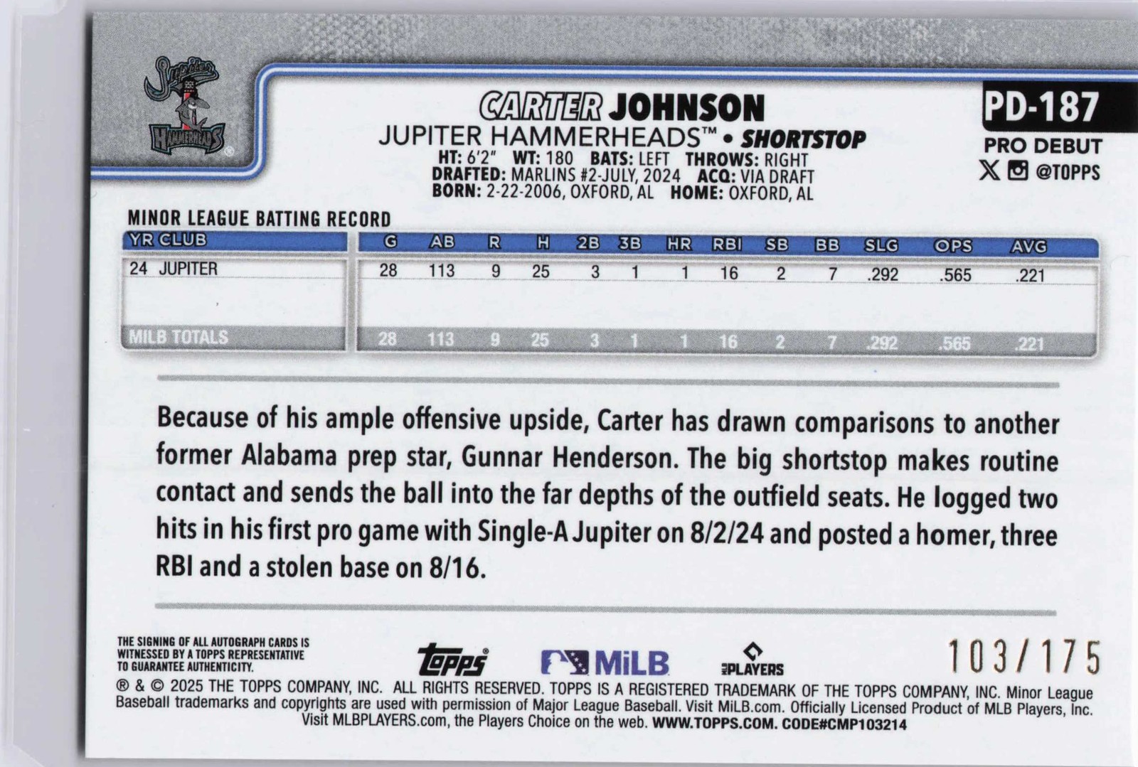 Carter Johnson 2025 Topps Pro Debut #PD-187 Base Sparkle Foil #/175 Auto