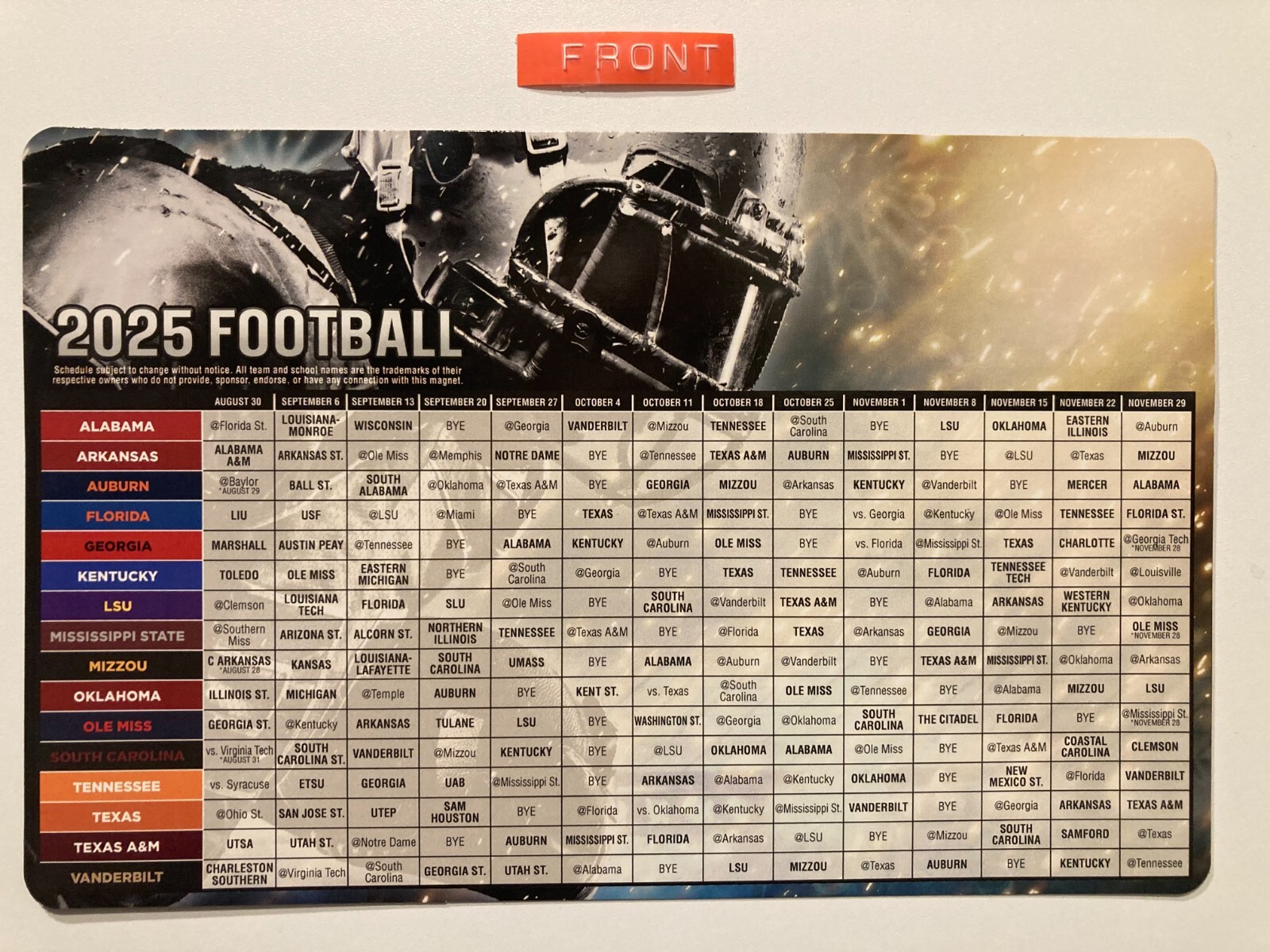 2025 SEC COLLEGE FOOTBALL SCHEDULE ALL 16 TEAMS, DATES & TEAMS PLAYED 8″ X 5″