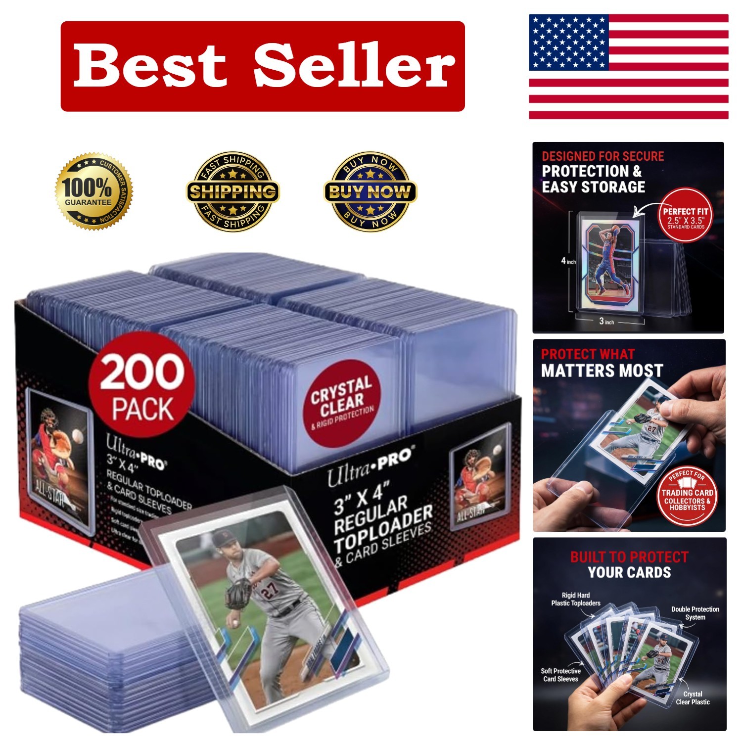 Durable 3” x 4” Clear Toploaders and Card Sleeves Bundle – 200ct Protector Set