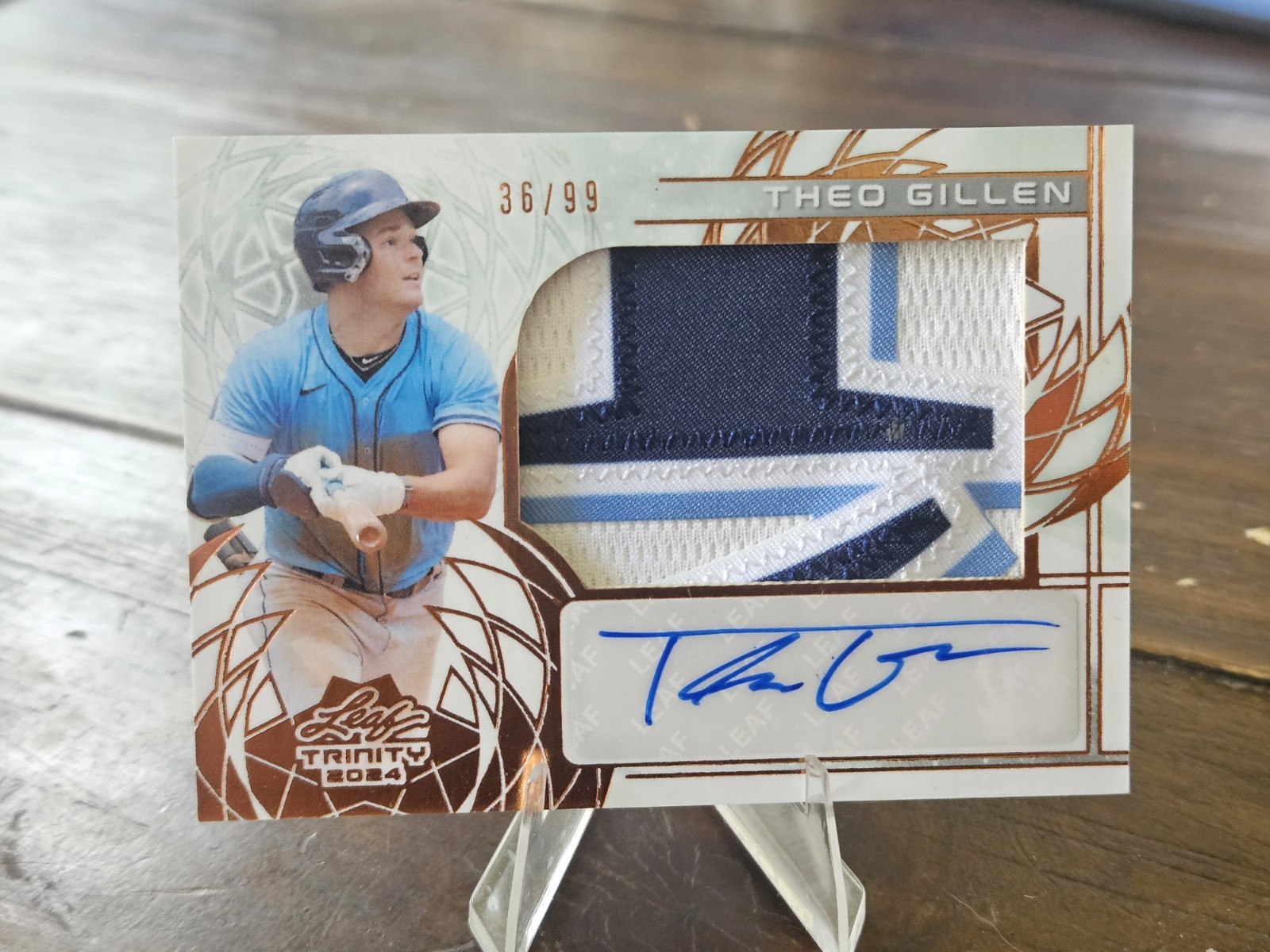 Theo Gillen 2024 Leaf Trinity Rookie Patch Auto Bronze Foil 36/99 Tampa Bay Rays