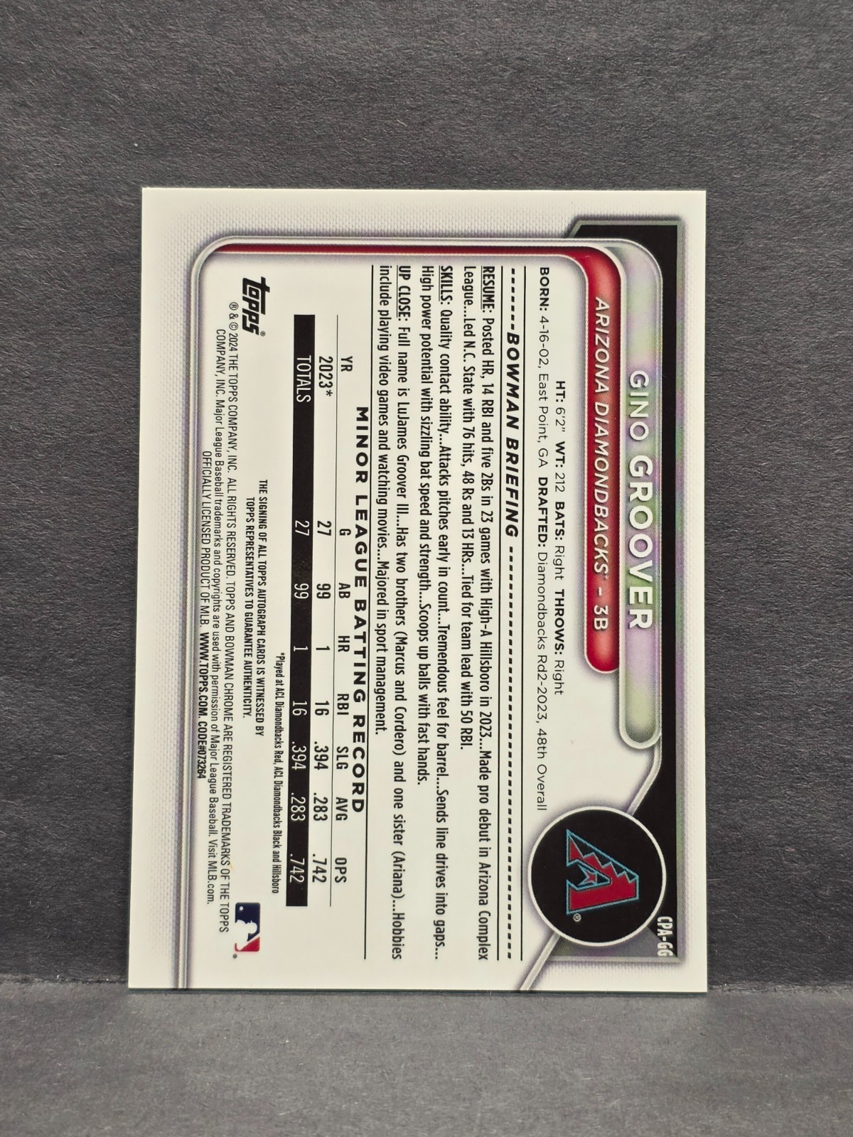 GINO GROOVER – 2024 Bowman Chrome – Purple Auto /250 #CPA-GG