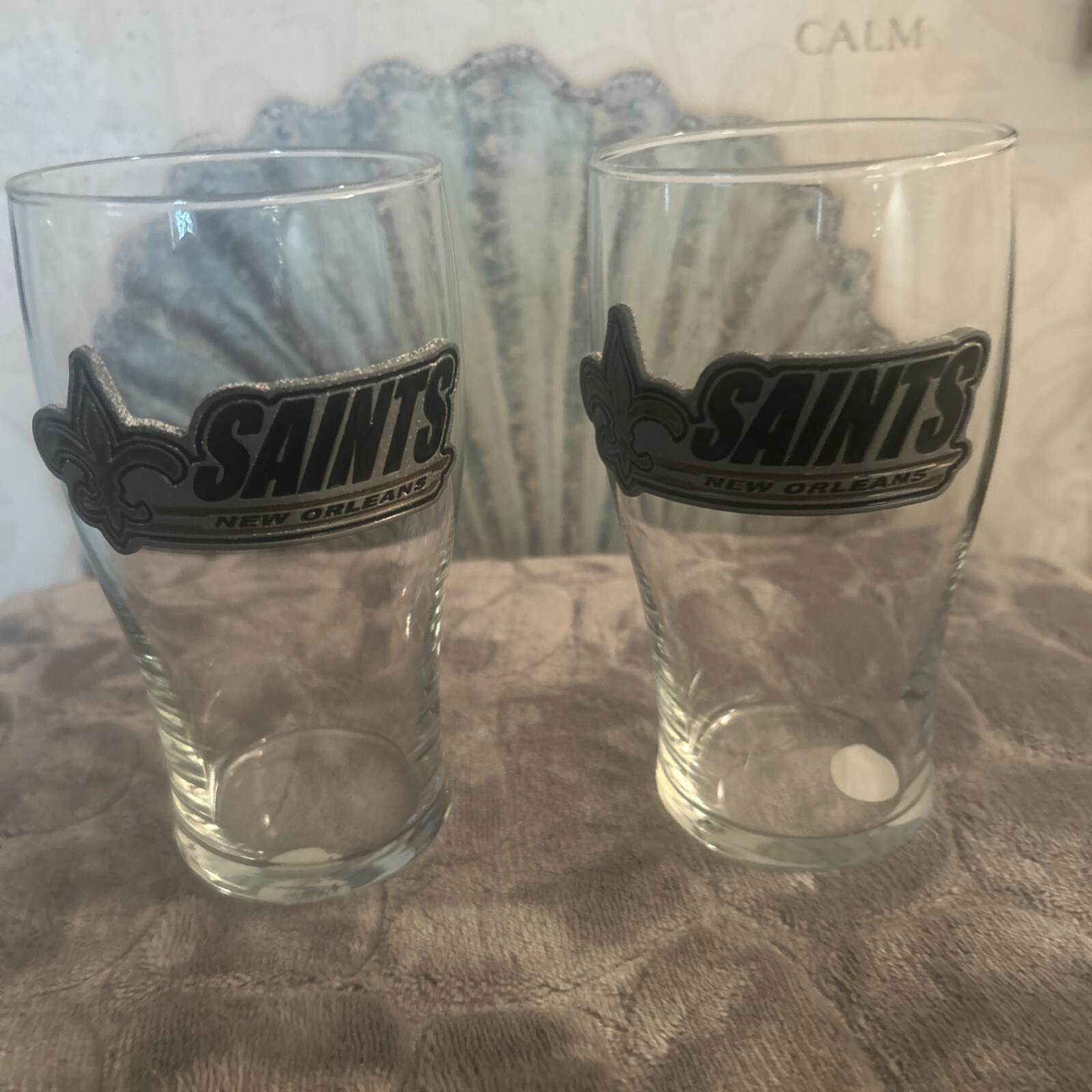 lot of 2 Vintage New Orleans Glass Beer Cup w/Enameled Metal Emblem 16 oz