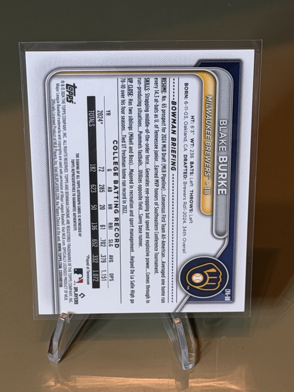 2024 Bowman Draft – Chrome Prospect Autographs Blake Burke #CPA-BB Yellow /75