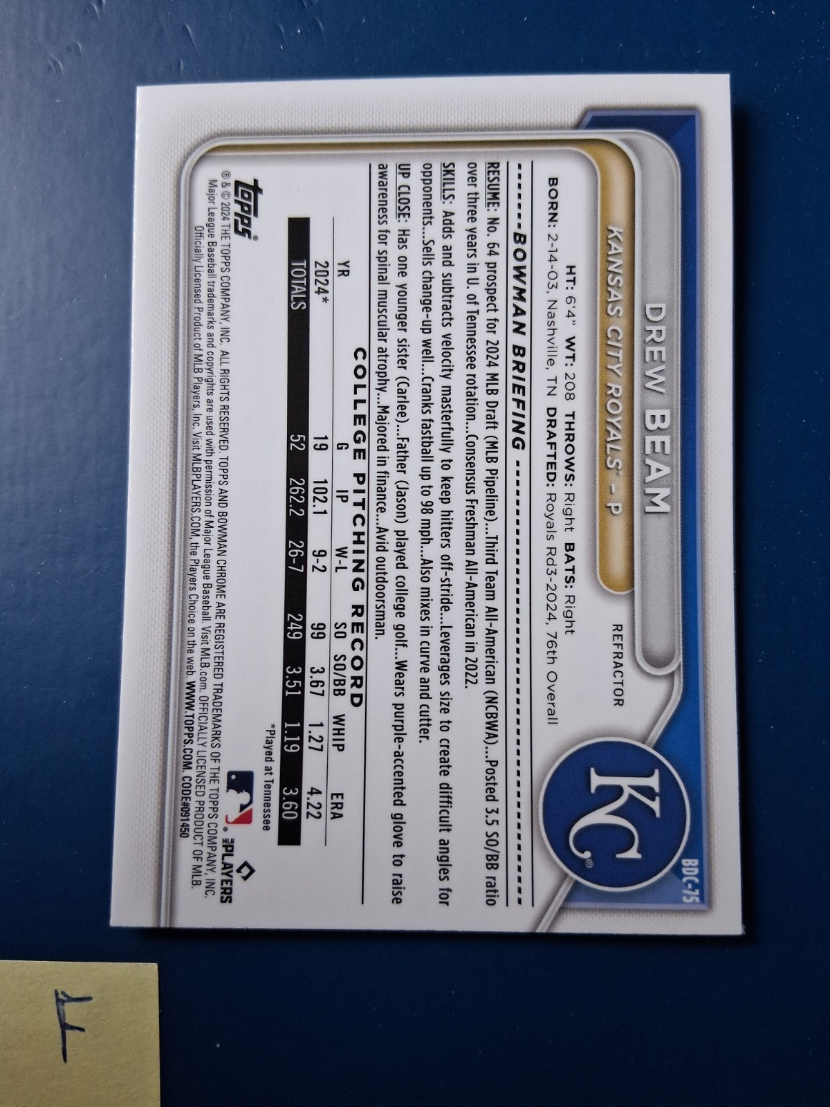 2024 Bowman Chrome Refractor Drew Beam #BDC-75 Kansas City Royals