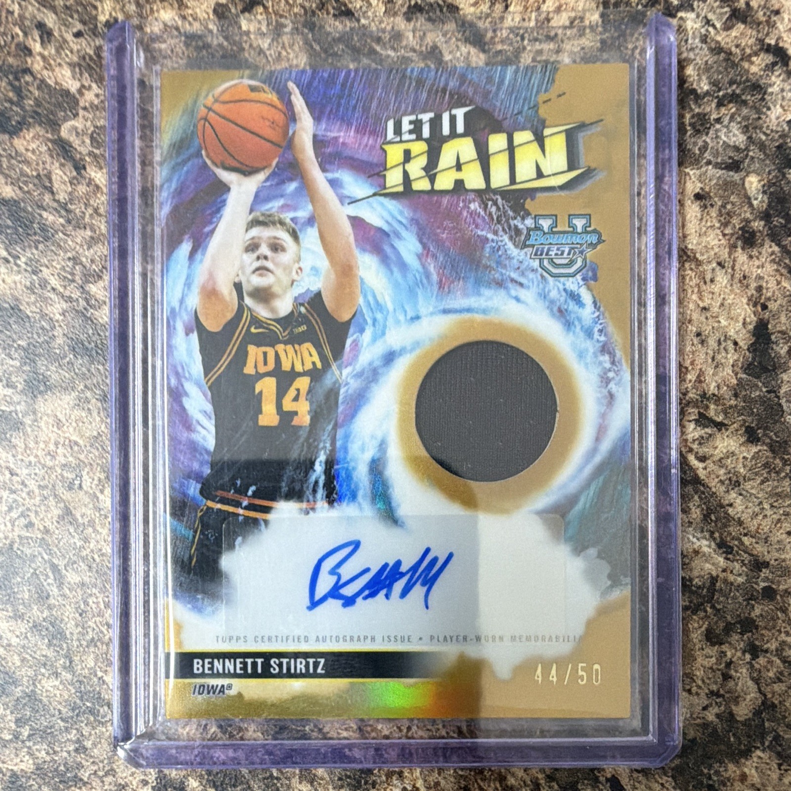 2025-26 Bowman U Best Bennett Stirtz Let It Rain Auto Relic LR-BZ Gold /50