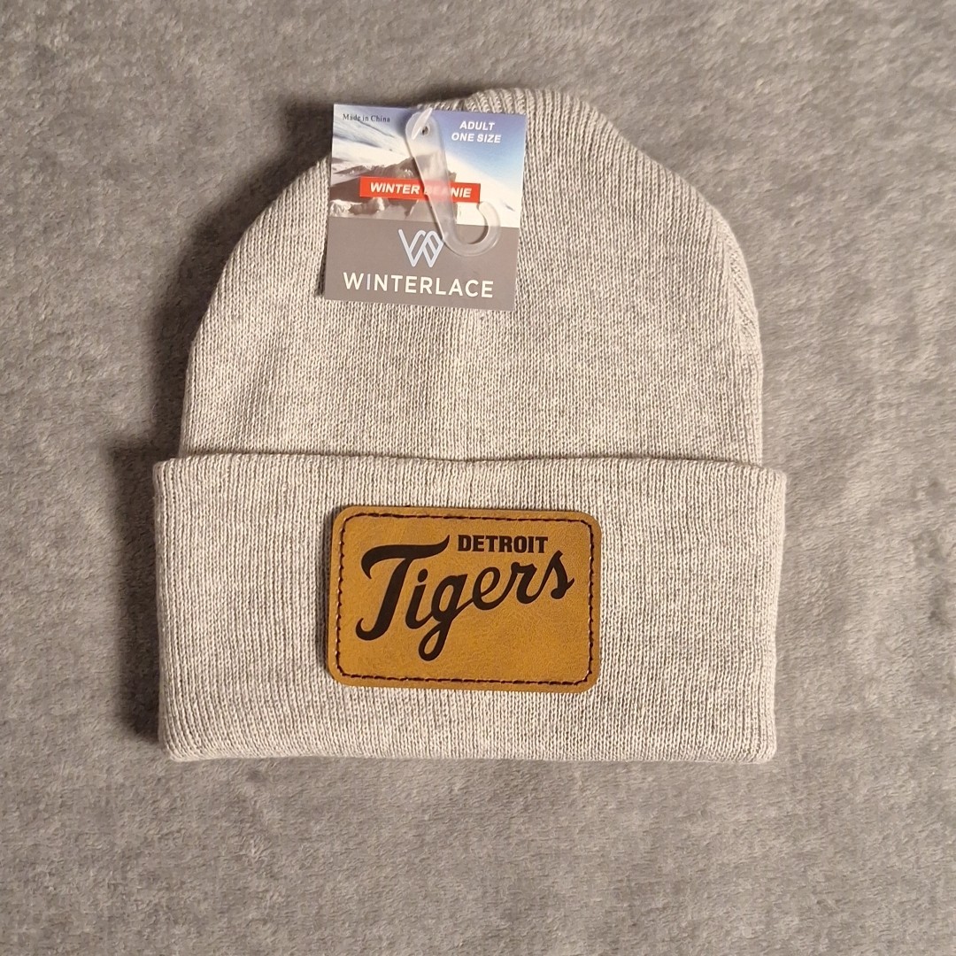 Detroit Tigers Leather Rectangle Patch Gray Beanie Cap MLB