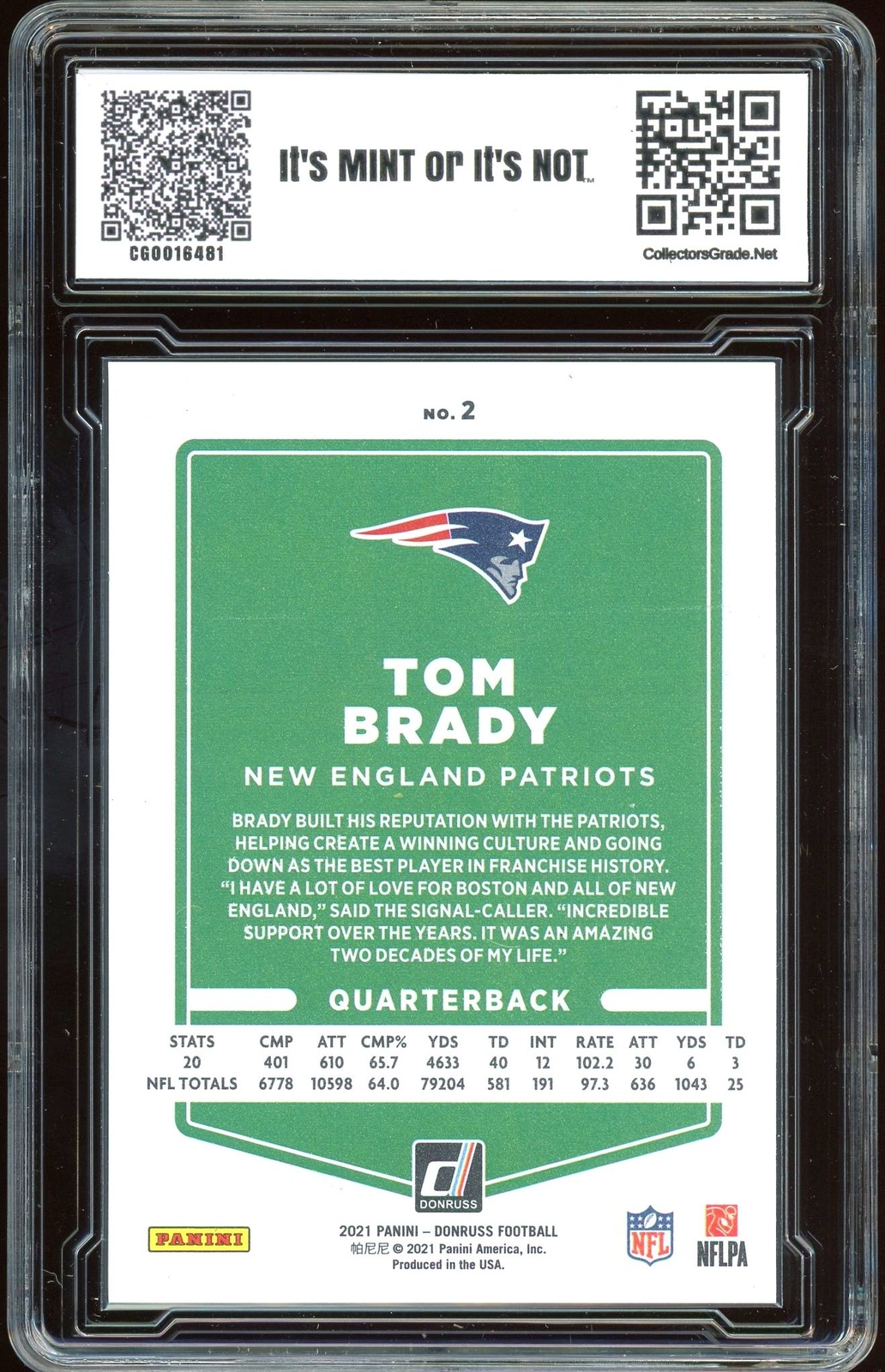 2021 Panini Donruss #2 ~ PRESS PROOF PREMIUM HOLO ~ Tom Brady ~ CG 10 PRISTINE