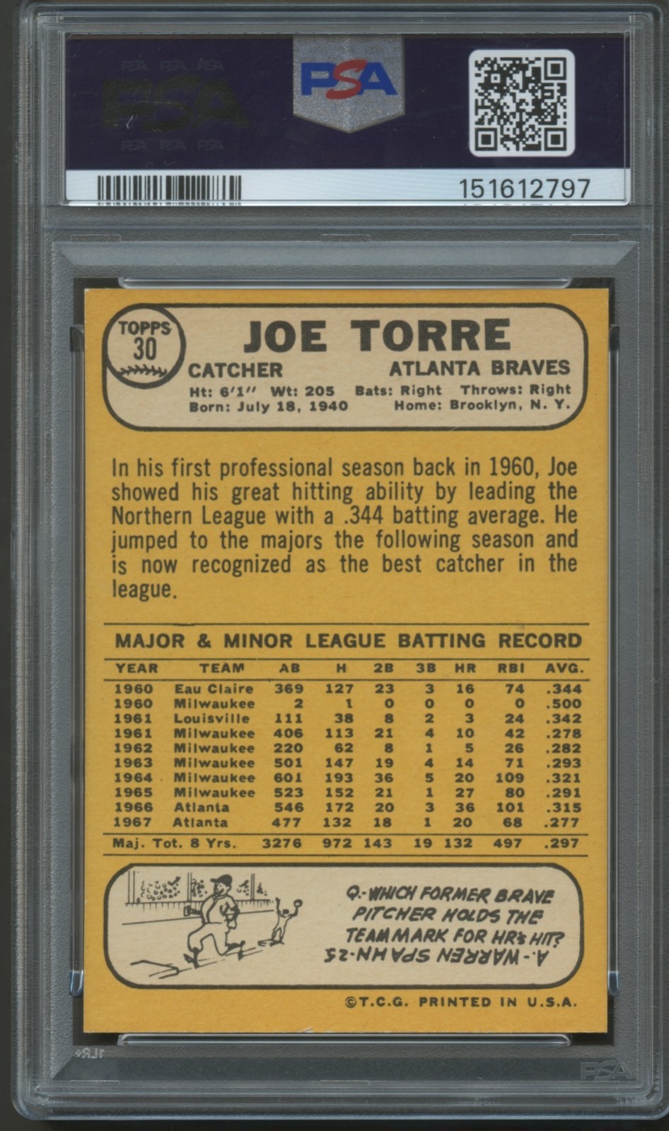 1968 Topps #30 Joe Torre PSA 8