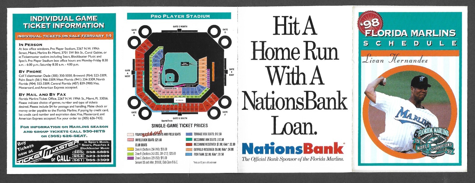 1998 FLORIDA MARLINS Nations Bank Regular Season POCKET SCHEDULE NM-MINT
