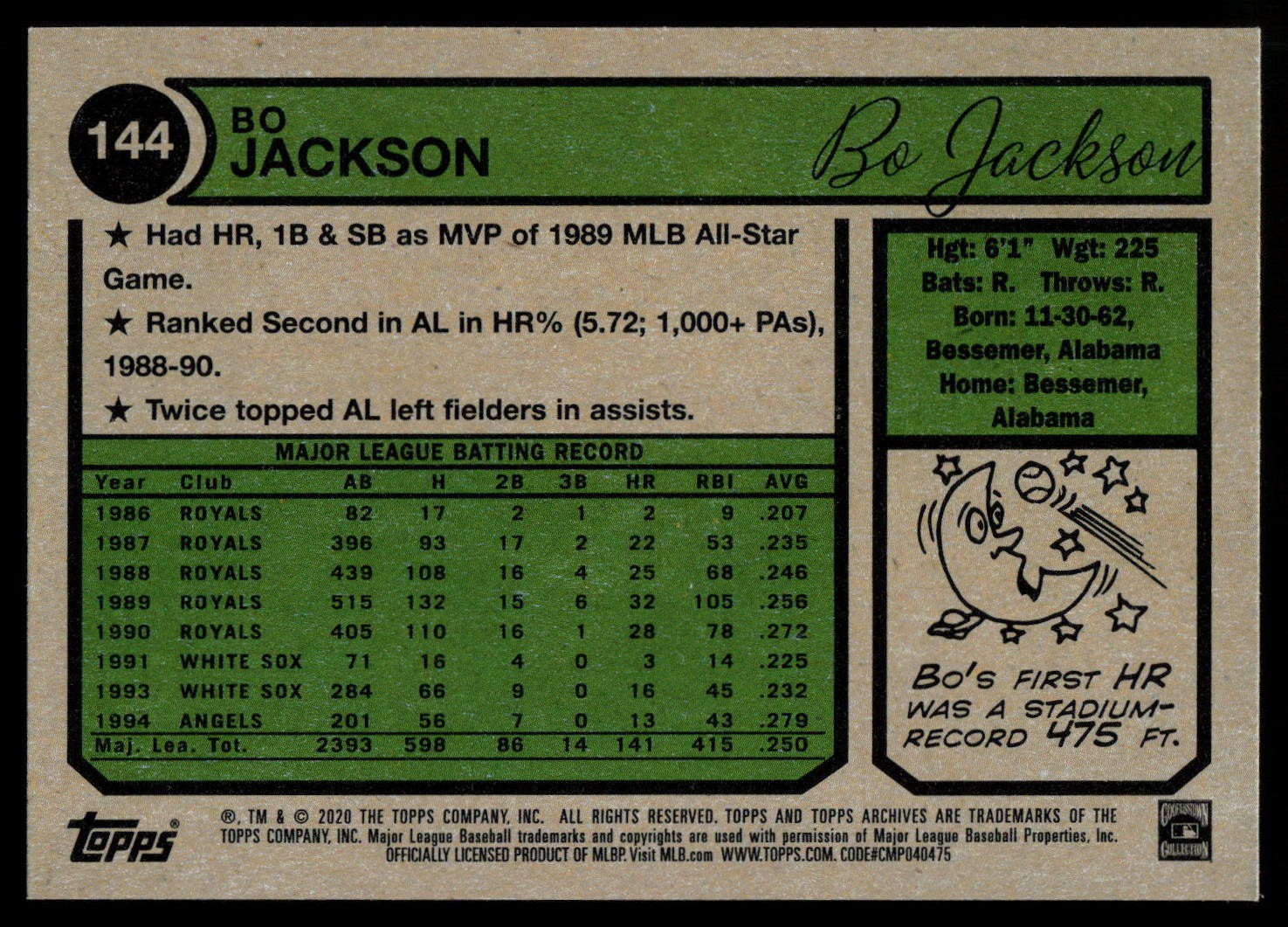 2020 Topps Archives #144 Bo Jackson Kansas City Royals