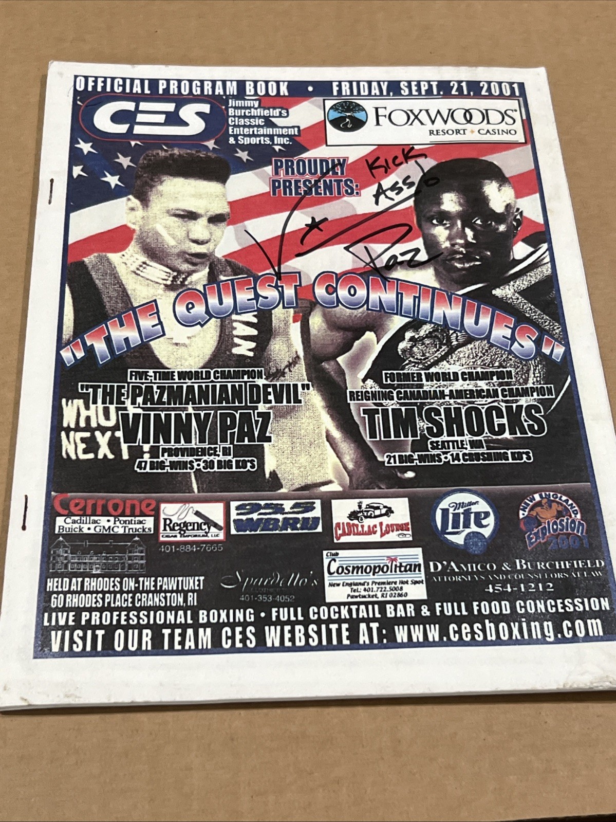 Vinny Paz Signed Autographed Official Foxwoods Boxing Program 9/21/01 2001