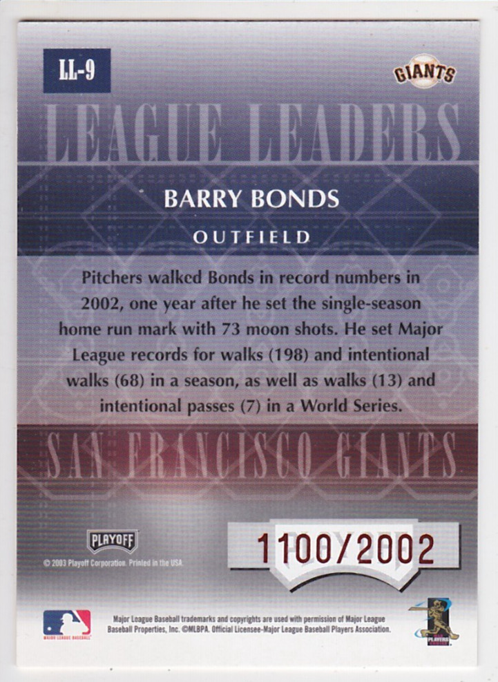 2003 Prestige League Leaders #LL-9 Barry Bonds Giants 1100/2002
