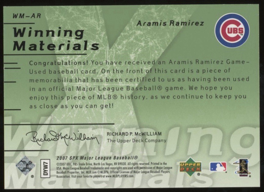 2007 SPx Winning Materials Emerald Green #WM-AR Aramis Ramirez Jersey /175 Cubs