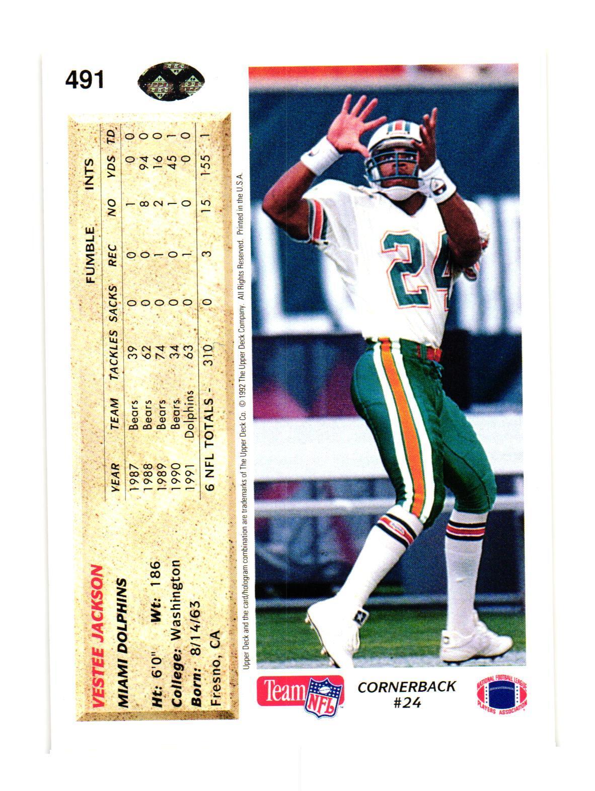 1992 Upper Deck #491 Vestee Jackson Miami Dolphins