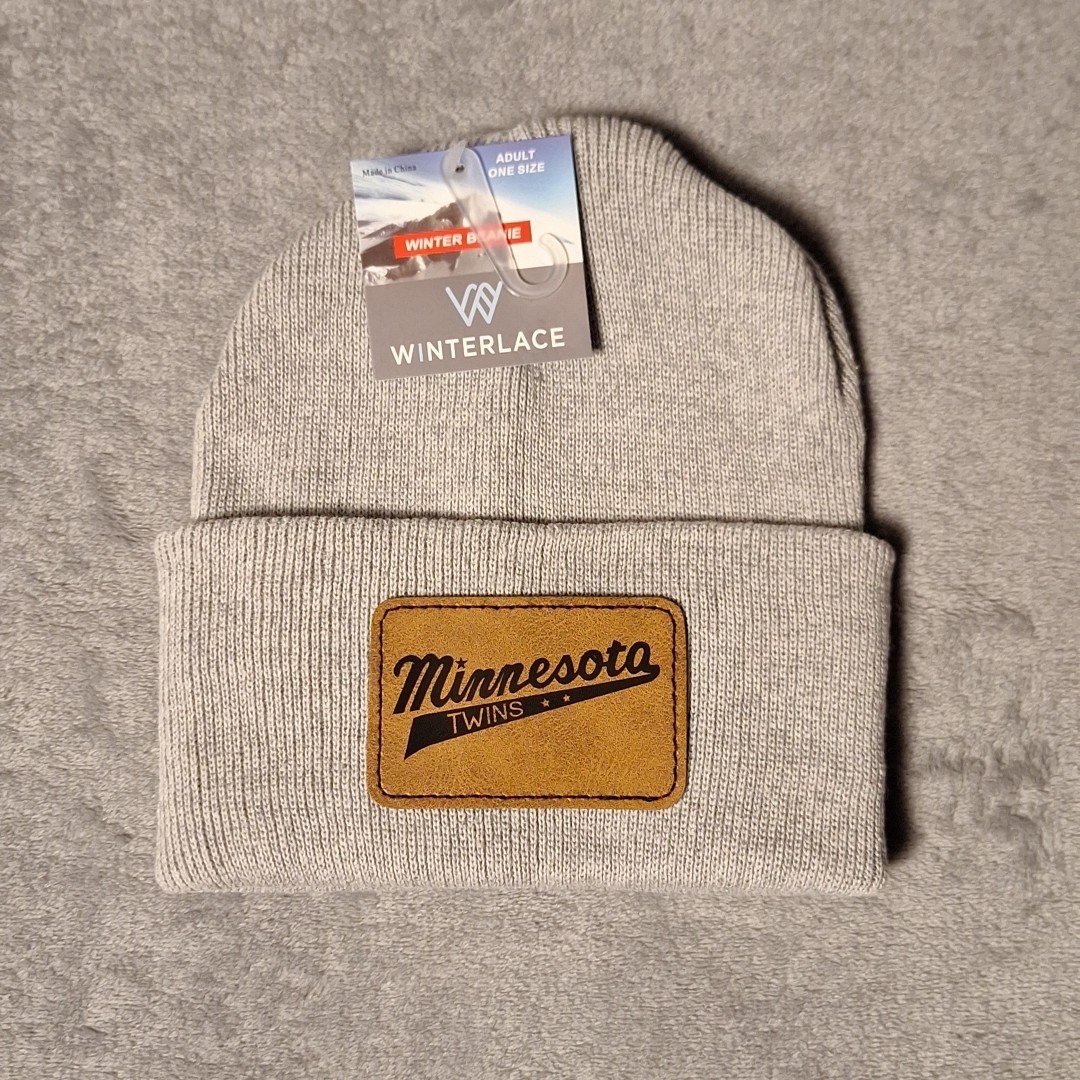 Minnesota Twins Leather Rectangle Patch Gray Beanie Cap MLB