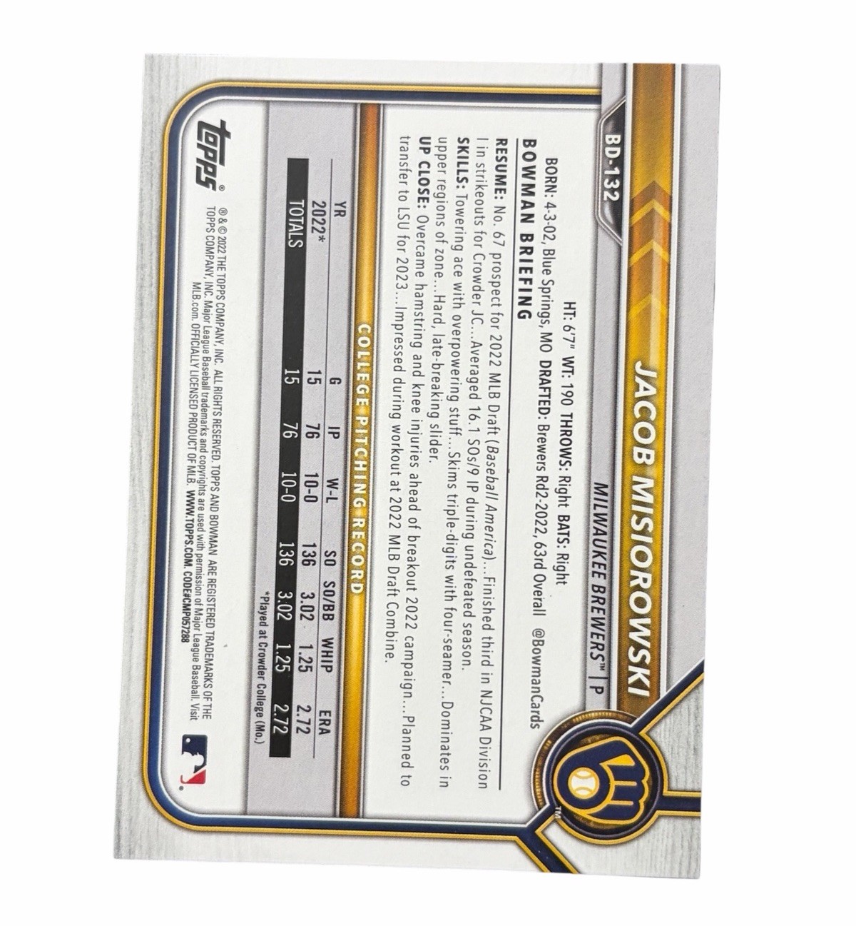 Jacob Misiorowski Signed Card 1st Bowman Paper Autographed Auto