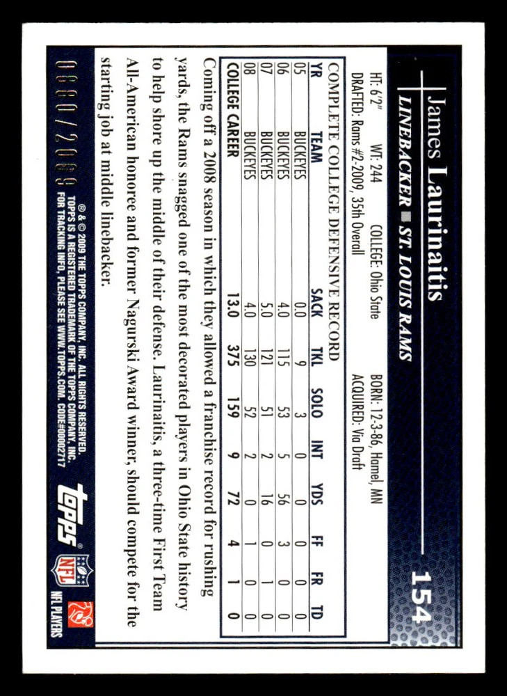 2009 TOPPS KICKOFF JAMES LAURINAITIS 154 RC SILVER HOLOFOIL 880/2009 RAMS