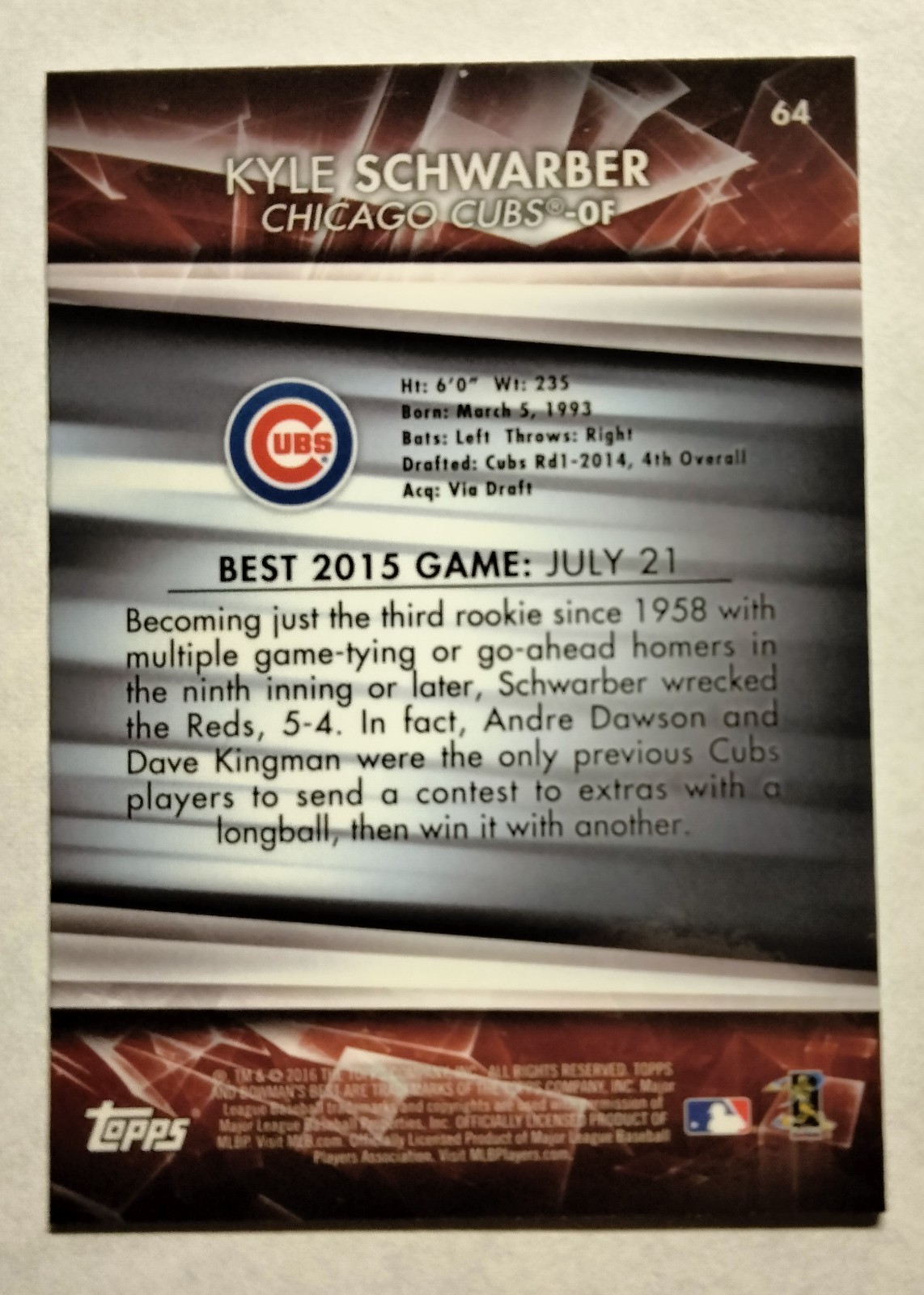 2016 BOWMAN’S BEST ATOMIC REFRACTOR KYLE SCHWARBER RC #64 CUBS PHILLIES