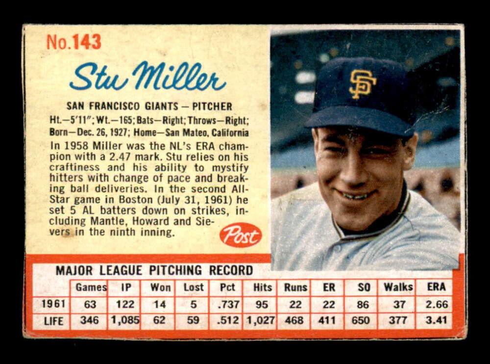 1962 Post #143 Stu Miller VG X3465853