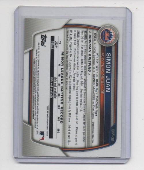 Simon Juan 2023 Bowman Prospects Paper 1st Edition Black Foil #BPPF-38 SSP Mets