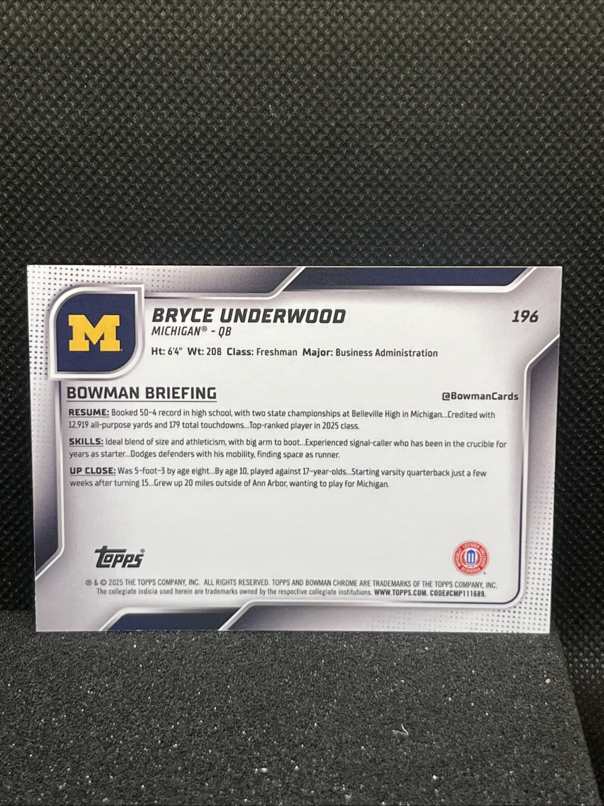 2025 Bowman Chrome University Bryce Underwood 1st Sapphire Michigan Wolverines