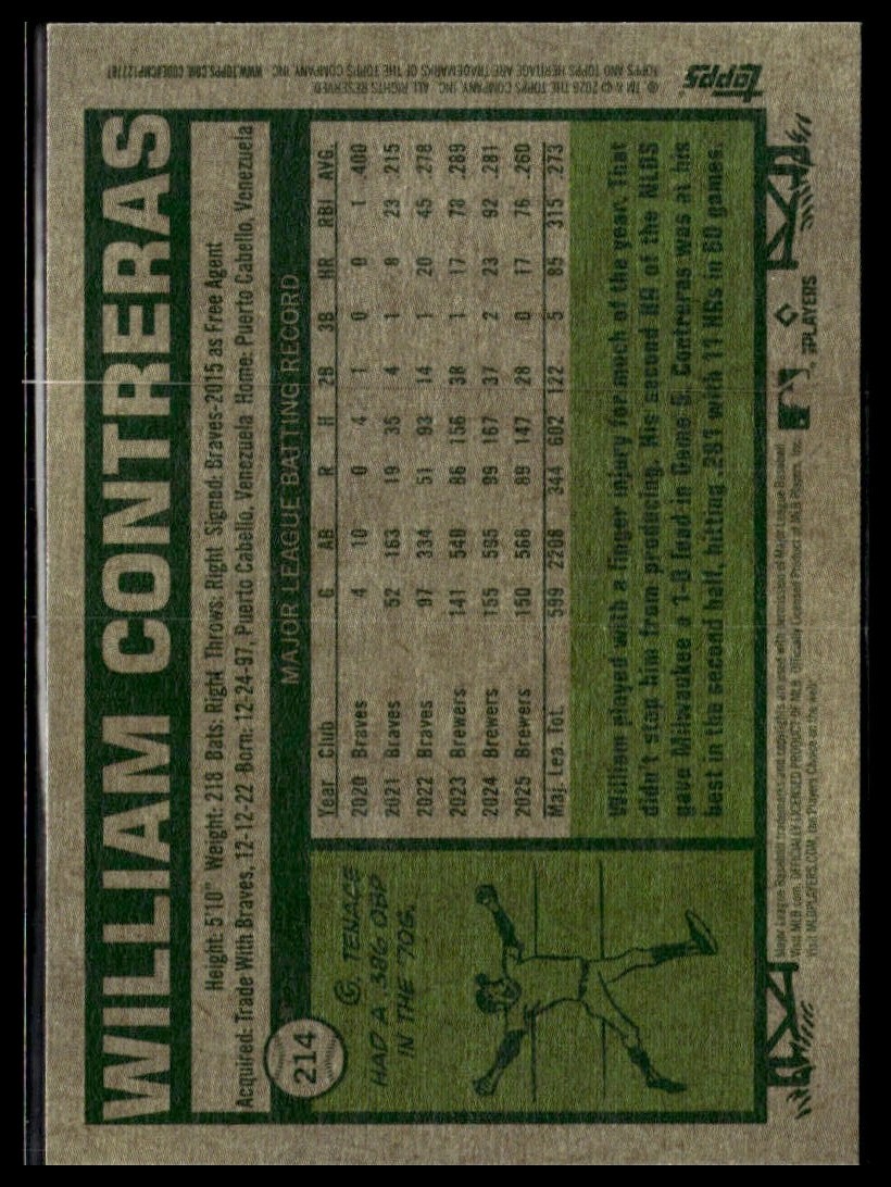 2026 Topps Heritage 214 William Contreras Milwaukee Brewers Short Print SP