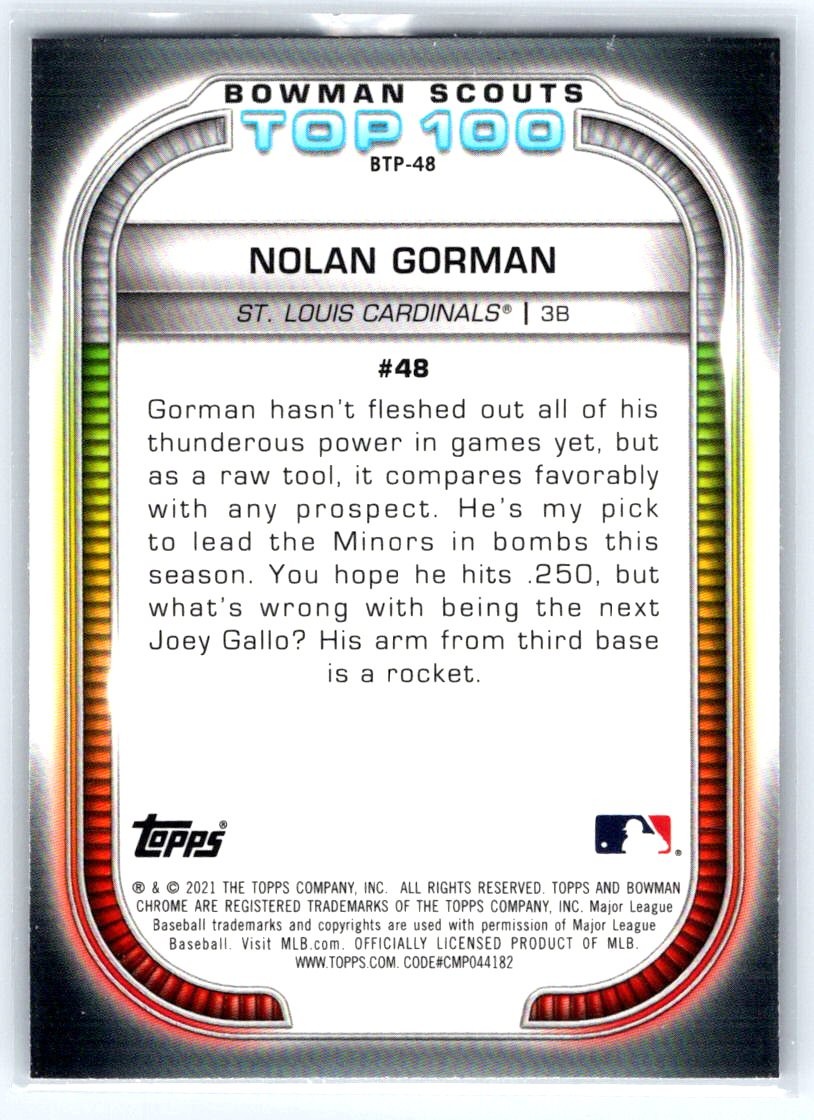 2021 Bowman Nolan Gorman Chrome Bowman Scouts Top 100 #BTP-48 Cardinals
