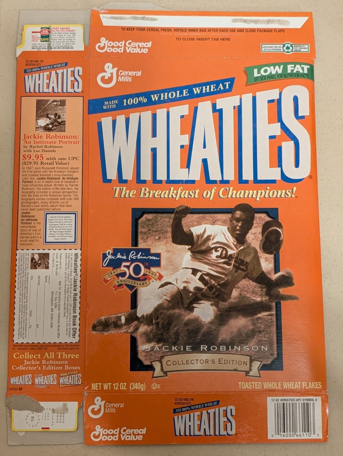 Wheaties Jackie Robinson 50th Anniversary Empty Cereal Box Flat – VINTAGE! ⚾