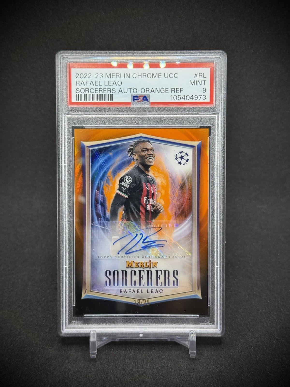 Rafael Leao 2022 Topps Merlin Chrome Orange Refractor Auto /25 SSP PSA 9 Mint