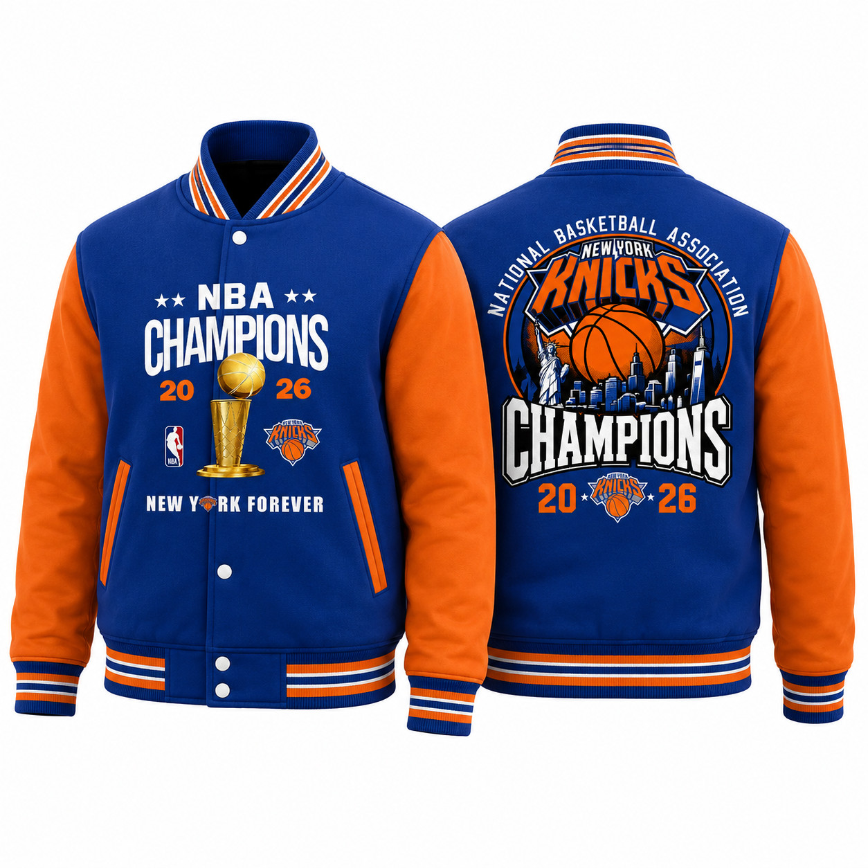 New York Knicks 2026 NBA Finals Champions Baseball Jacket – ALL PRINT, V04