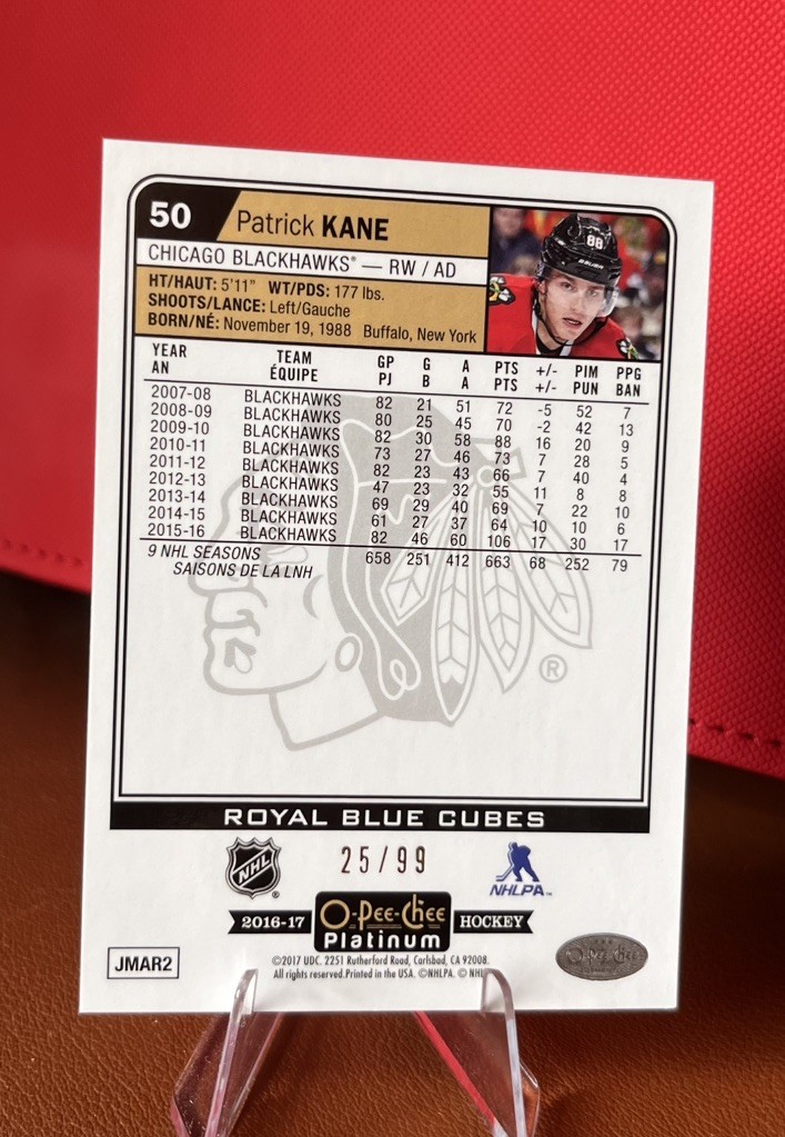 2016-17 OPC Platinum #50 Patrick Kane Chicago Blackhawks Royal Blue Cubes /99