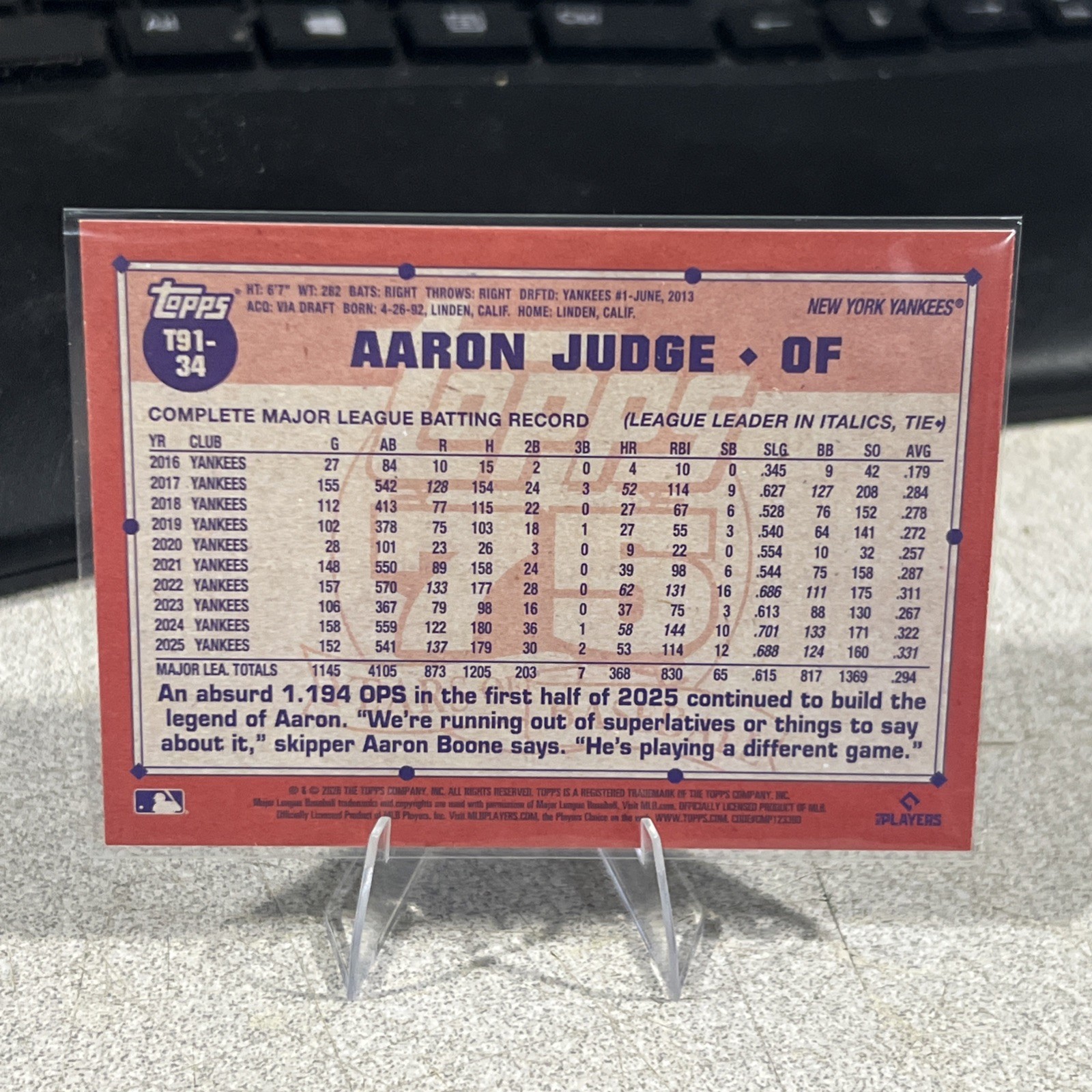 2026 Topps Series 1 1991 Throwback Aaron Judge T91-34