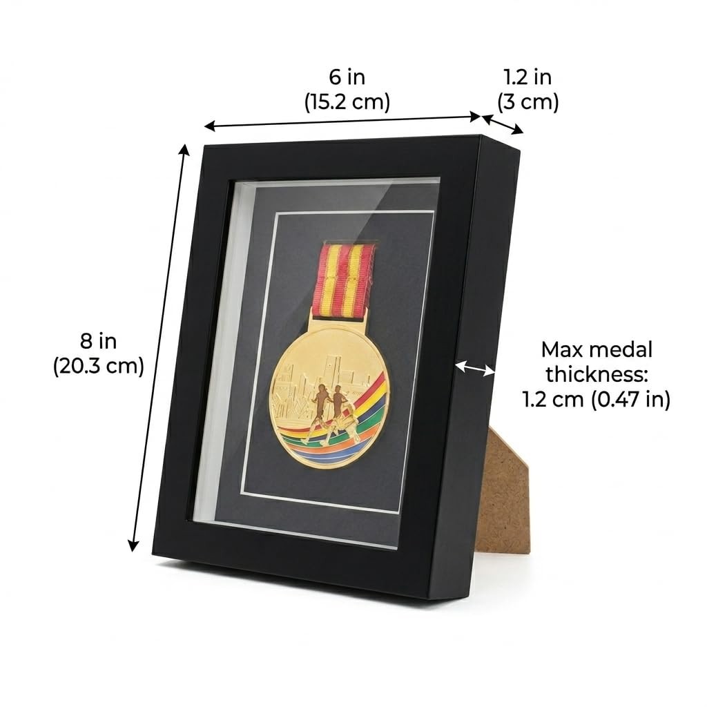 Medal Display Case Shadow Box 6×8 – Black Solid Wood Medal Frame with Real Gl…