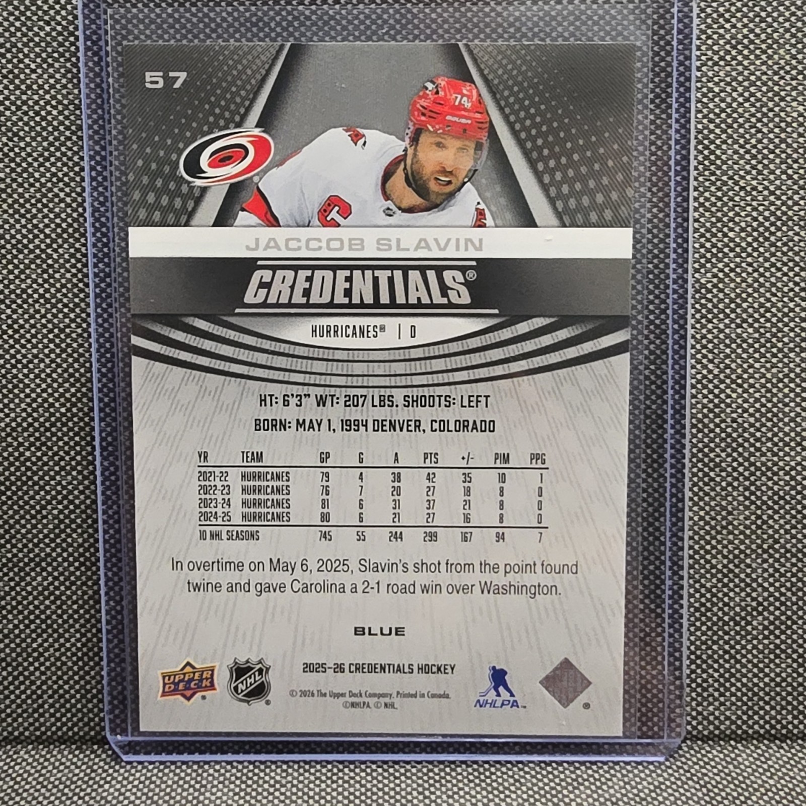 Upper Deck Credentials Hockey 2025-26 Jaccob Slavin Blue #57 180/199 Hurricanes