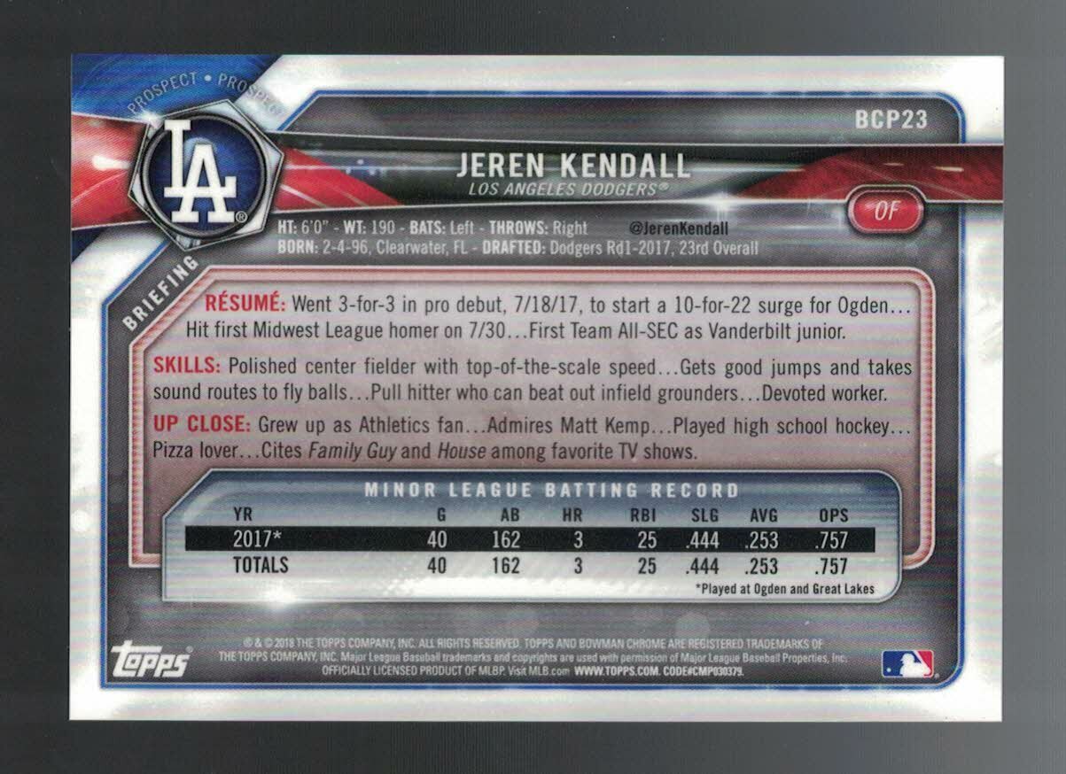 2018 Bowman Chrome Purple Shimmer Refractor Non Auto Jeren Kendall 142/655 pwe
