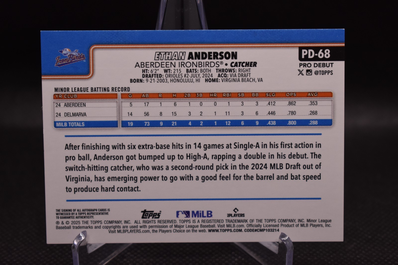 Ethan Anderson Auto 2025 Topps Pro Debut Baltimore Orioles