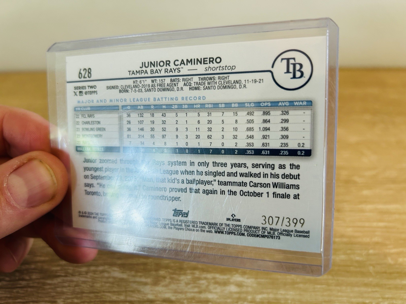 2024 Topps Series 2 – Junior Caminero RC #628 Aqua Foil /399 Rays Rookie