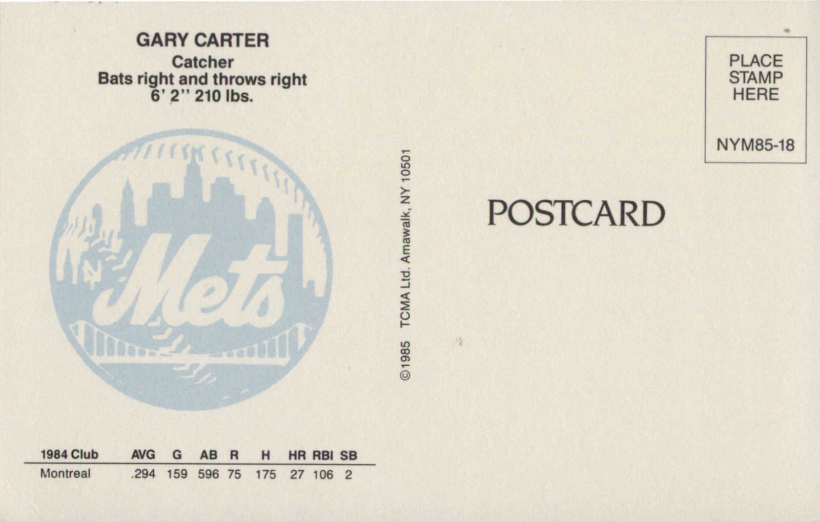 1985 Baseball Postcard Gary Carter Catcher HOF New York Mets Autographed