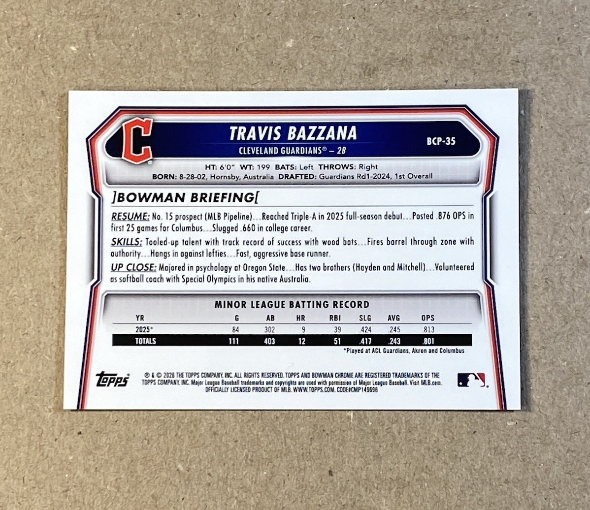 Travis Bazzana 2026 Bowman Chrome Prospect Orange Mojo Refractor /25 Guardians